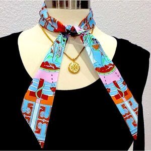 TORY BURCH T MONOGRAM RIBBON TIE SILK TWILLY SCARF
